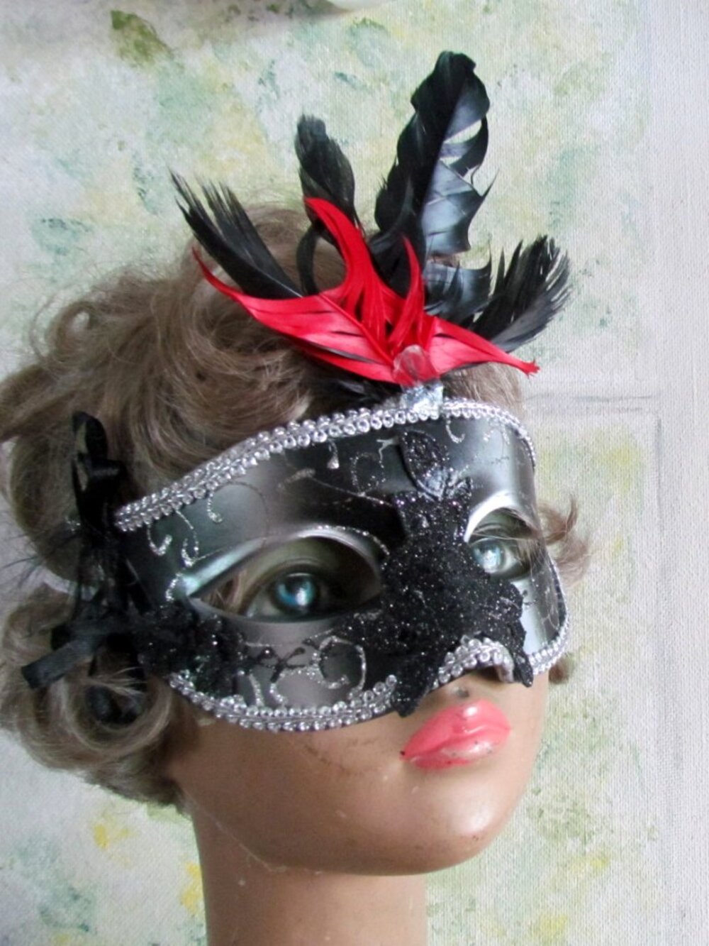 HALLOWEEN MASK, MOLDED w SPARKLES, SILVER BRAID, & FEATHERS